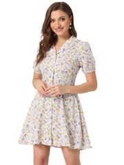 Button Up Short Sleeve A-Line Chiffon Vintage Floral Shirt Dress