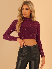 Mesh Crop Top Stars Mock Neck Party See Through Blouse