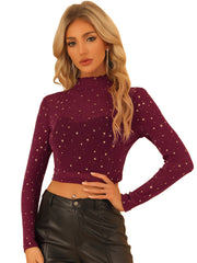 Mesh Crop Top Stars Mock Neck Party See Through Blouse