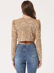 Sequin Shrug Open Front Collarless Sparkly Crop Blazer Jacket