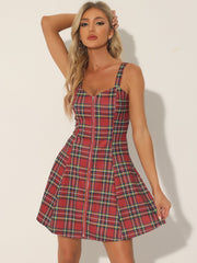 Plaid Zipper Front Party Strap Sleeveless Tube Mini A-Line Dress