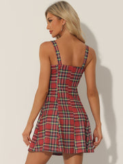 Plaid Zipper Front Party Strap Sleeveless Tube Mini A-Line Dress