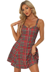 Plaid Zipper Front Party Strap Sleeveless Tube Mini A-Line Dress