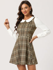 Peter Pan Collar Contrast Color Button Decor Plaid Dress
