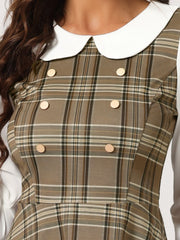 Peter Pan Collar Contrast Color Button Decor Plaid Dress