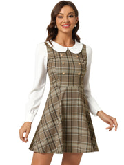 Peter Pan Collar Contrast Color Button Decor Plaid Dress
