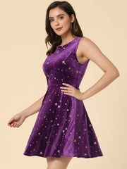 Shiny Stars Print Sleeveless Swing Mini Velvet Dress