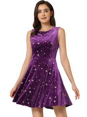 Shiny Stars Print Sleeveless Swing Mini Velvet Dress