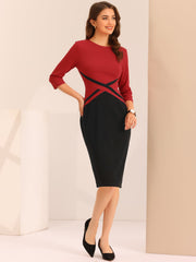 Contrast Color 3/4 Sleeve Bodycon Work Office Pencil Sheath Dress