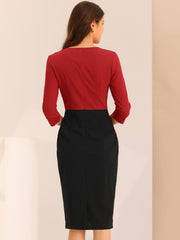 Contrast Color 3/4 Sleeve Bodycon Work Office Pencil Sheath Dress