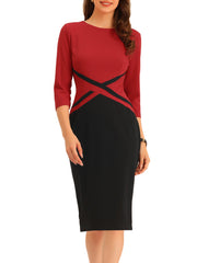 Contrast Color 3/4 Sleeve Bodycon Work Office Pencil Sheath Dress