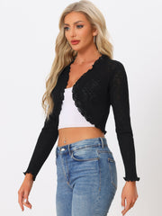 Women's Crop Shrug Ruffle Trim Long Sleeve Knit Elegant Open Front Casual Bolero Cardigan Shrugs
