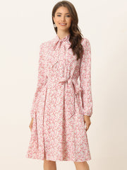 Tie Neck Chiffon Long Sleeve Belted Vintage Floral Dress
