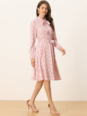 Tie Neck Chiffon Long Sleeve Belted Vintage Floral Dress