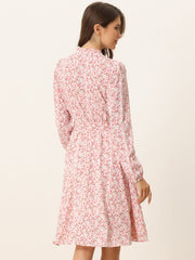 Tie Neck Chiffon Long Sleeve Belted Vintage Floral Dress