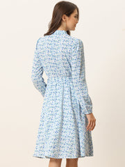 Tie Neck Chiffon Long Sleeve Belted Vintage Floral Dress