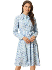 Tie Neck Chiffon Long Sleeve Belted Vintage Floral Dress