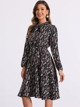 Tie Neck Chiffon Long Sleeve Belted Vintage Floral Dress
