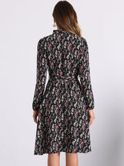 Tie Neck Chiffon Long Sleeve Belted Vintage Floral Dress