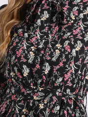 Tie Neck Chiffon Long Sleeve Belted Vintage Floral Dress