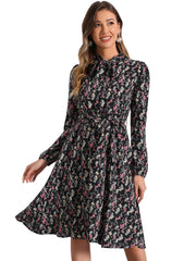 Tie Neck Chiffon Long Sleeve Belted Vintage Floral Dress