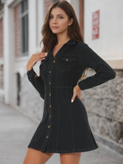 Button Down Collar V Neck Long Sleeve A-line Jean Denim Dress