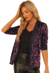 Sequin Open Front Collarless 3/4 Sleeve Velvet Jacket
