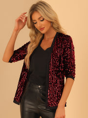 Sequin Open Front Collarless 3/4 Sleeve Velvet Jacket