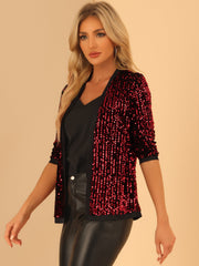 Sequin Open Front Collarless 3/4 Sleeve Velvet Jacket