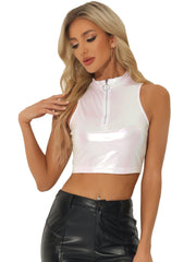 Metallic Crop Tops Mock Neck Zip Up Shiny Holographic Tank Top