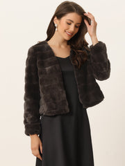 Winter Warm Cropped Collarless Faux Fur Fluffy Jacket