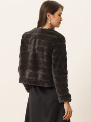 Winter Warm Cropped Collarless Faux Fur Fluffy Jacket
