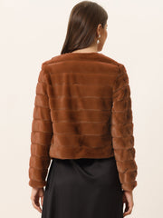 Winter Warm Cropped Collarless Faux Fur Fluffy Jacket