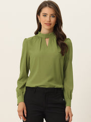 Keyhole Elegant Stand Collar Long Sleeve Chiffon Office Blouse