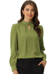 Keyhole Elegant Stand Collar Long Sleeve Chiffon Office Blouse