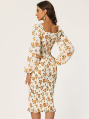 Floral Puff Sleeve Ruffle Bodycon Square Neck Smocked Mermaid Dress
