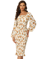 Floral Puff Sleeve Ruffle Bodycon Square Neck Smocked Mermaid Dress