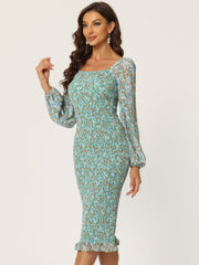 Floral Puff Sleeve Ruffle Bodycon Square Neck Smocked Mermaid Dress