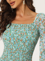 Floral Puff Sleeve Ruffle Bodycon Square Neck Smocked Mermaid Dress