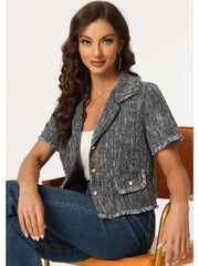 Tweed Tassel Cropped Length Summer Short Sleeve Shirt