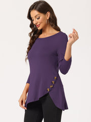 3/4 Sleeve Round Neck Button Decor Casual Stretchy Tunic Tops