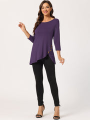 3/4 Sleeve Round Neck Button Decor Casual Stretchy Tunic Tops