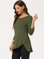 3/4 Sleeve Round Neck Button Decor Casual Stretchy Tunic Tops