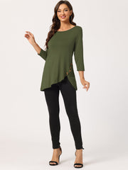 3/4 Sleeve Round Neck Button Decor Casual Stretchy Tunic Tops
