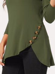 3/4 Sleeve Round Neck Button Decor Casual Stretchy Tunic Tops