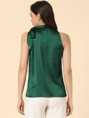 Elegant Satin Sleeveless Tie Knot Mock Neck Solid Work Blouse Top