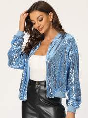 Sequin Sparkle Party Long Sleeve Zipper Bomber Jacket