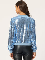 Sequin Sparkle Party Long Sleeve Zipper Bomber Jacket