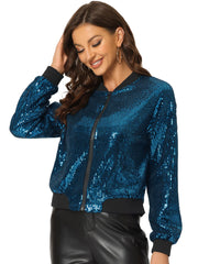 Sequin Sparkle Party Long Sleeve Zipper Bomber Jacket