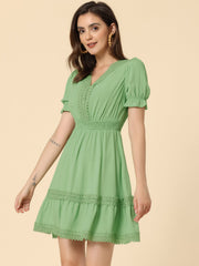 Boho Puff Sleeve V Neck Smocked Waist Ruffled Tiered Dress